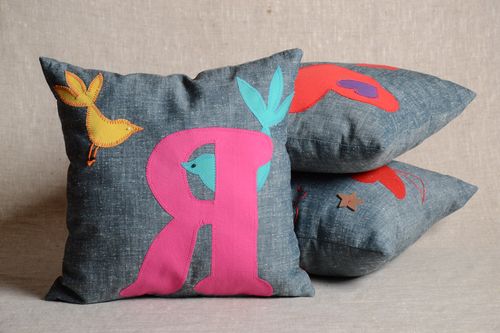 Handmade designer fabric cushion with removable pillowcase decorated with letter applique - MADEheart.com