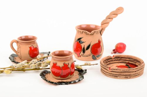 Set of handmade ceramic pottery - one turk, two coffee cups, and an ashtray - MADEheart.com