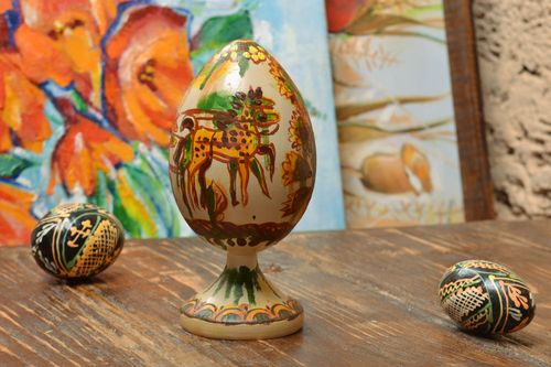 Handmade decorative wooden egg on stand painted with oils Easter interior ideas - MADEheart.com