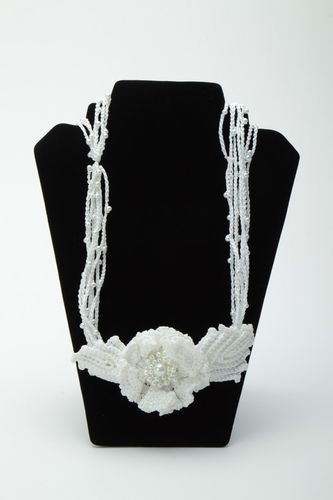 Handmade white crochet necklace with beads - MADEheart.com