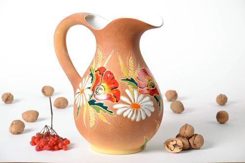 100 oz ceramic handmade water pitcher jug with handle and floral décor 4 lb - MADEheart.com