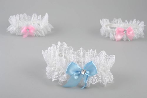 Handmade wedding bridal stretch lacy garter white guipure and blue bow - MADEheart.com