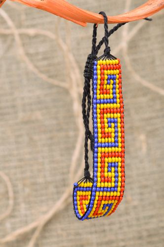 Three-colored wide handmade beaded wrist bracelet with ties - MADEheart.com