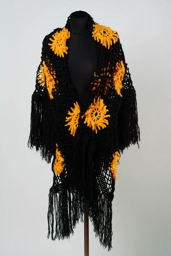 Handmade warm lace knitted black shawl with yellow sunflowers for ladies  - MADEheart.com