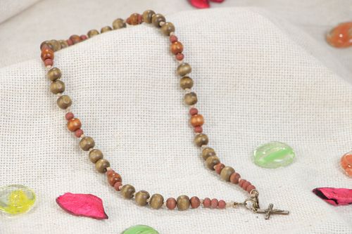 Handmade designer wooden bead rosary with metal crucifix neck pendant - MADEheart.com