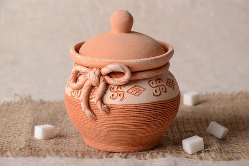 15 oz ceramic handmade clay pot jar for kitchen décor with hand-molded pattern 1 lb - MADEheart.com