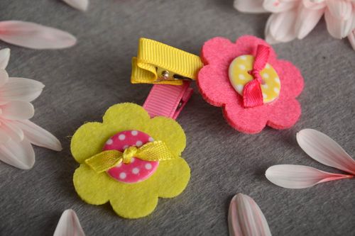 Handmade baby hairpins made of rep ribbons and fleece 2 pieces pink and yellow - MADEheart.com