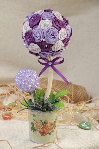 Handmade topiary made of satin ribbons tree of happiness in purple tones - MADEheart.com