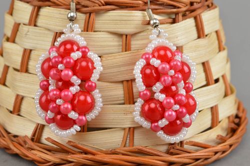 Designer earrings handmade beaded jewelry stylish accessories white and red - MADEheart.com