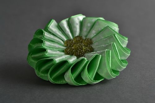Handmade decorative hair tie with yellow green satin ribbon kanzashi flower - MADEheart.com