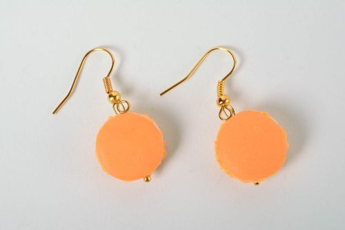 Handmade womens orange plastic earrings in the shape of macaron - MADEheart.com