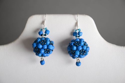 Handmade designer ball shaped dangling earrings crocheted of blue Czech beads - MADEheart.com