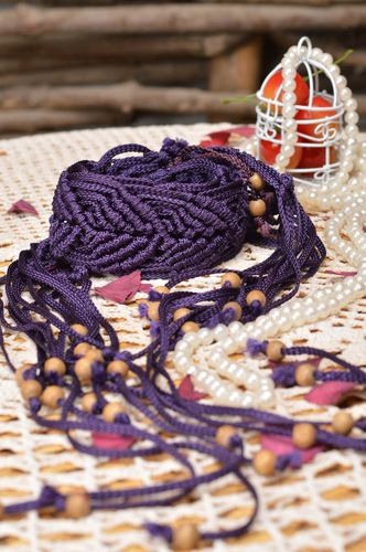 Beautiful homemade designer womens lilac woven cord belt with tassels and beads - MADEheart.com