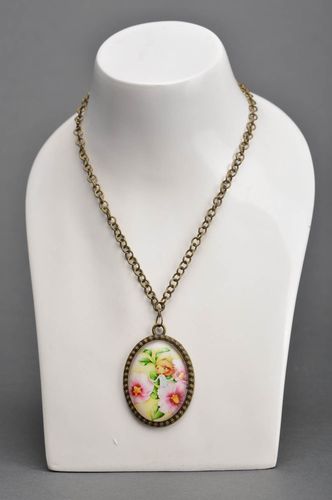Handmade designer oval pendant on chain in vintage style with flowers  - MADEheart.com