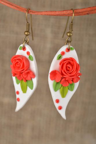Long red-white handmade polymer clay earrings for stylish ladies - MADEheart.com