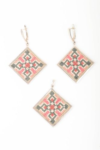 Set of embroidered jewelry handmade pendant and earrings silver accessories - MADEheart.com