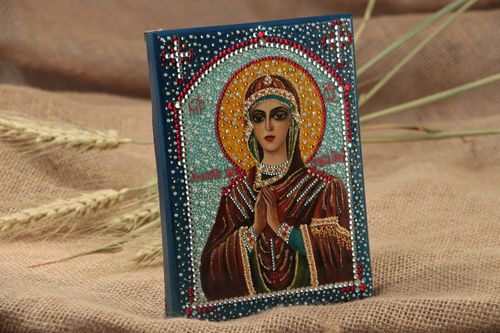 Handmade orthodox wooden icon painted with gouache Softener of Evil Hearts - MADEheart.com