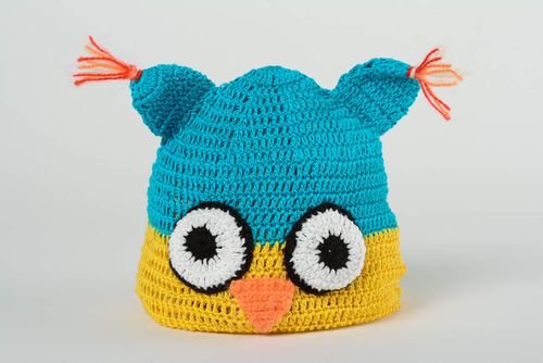 Bonnet tricoté pour enfant en forme de hibou jaune bleu fait main cadeau - MADEheart.com