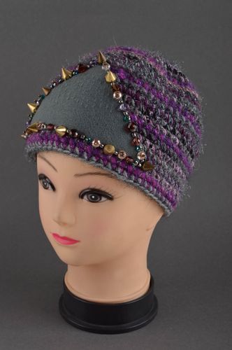 Теплая шапка ручной работы стильная шапка из шерсти головной убор с кристаллами - MADEheart.com