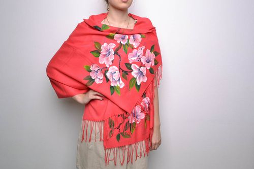 Warm coral cashmere scarf with painting - MADEheart.com