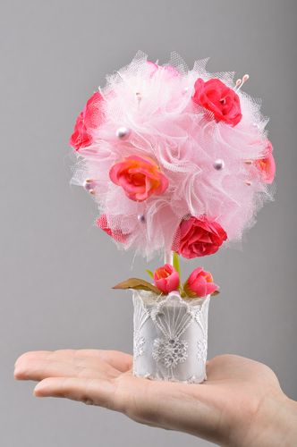 Handmade white and pink tulle topiary with artificial flowers pearls and ribbons - MADEheart.com