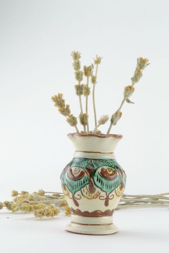 Handmade clay 3 inches vase in green and beige colors 0,28 lb - MADEheart.com
