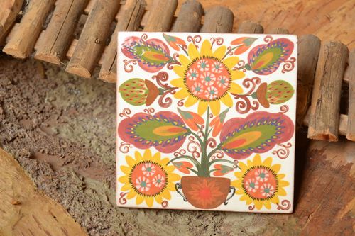 Ceramic handmade tile painted with engobes and glaze beautiful wall panel - MADEheart.com