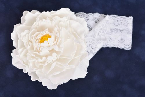 Handmade decorative lacy white headband with large white plastic suede flower - MADEheart.com