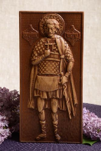 Handmade rectangular carved wooden icon of Saint Martyr Victor - MADEheart.com
