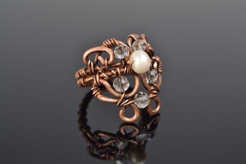 Handmade wire wrap copper ring with natural pearl and Czech crystal for women - MADEheart.com