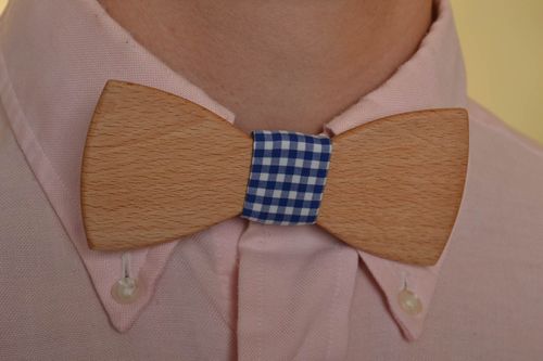 Handmade designer wooden bow tie with checkered blue fabric strap - MADEheart.com