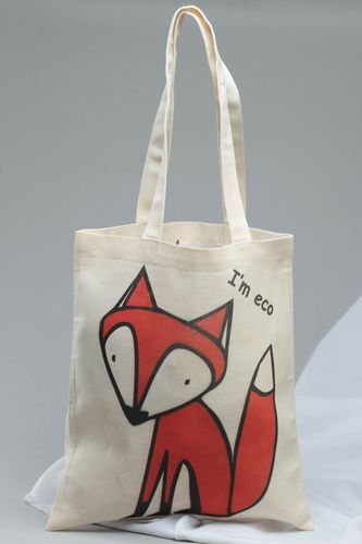 Beautiful homemade womens cotton fabric eco shoulder bag with painting Fox - MADEheart.com