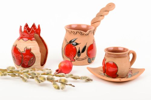 Handmade ceramic decorative set of coffee turk, coffee cup and napkin holder with garnet pattern - MADEheart.com