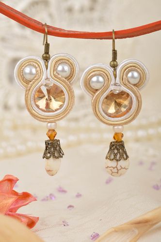 Beautiful beige handmade designer long soutache earrings with beads for women - MADEheart.com