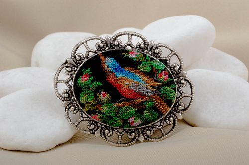 Handmade designer brooch unusual embroidered brooch stylish vintage jewelry - MADEheart.com