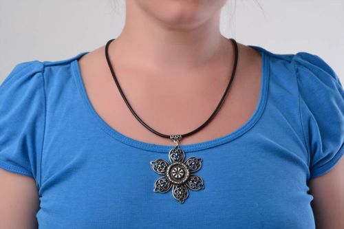 Handmade large lacy cast metal pendant necklace on black cord Flower for women - MADEheart.com