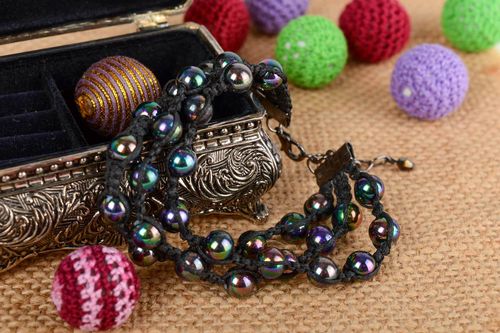 Bracelet boules perles en céramique noires multirang macramé original fait main - MADEheart.com