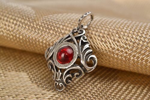 Metal pendant with red glass cabochon - MADEheart.com