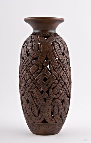 12 inches tall brown decorative vase with carvings 2 lb - MADEheart.com