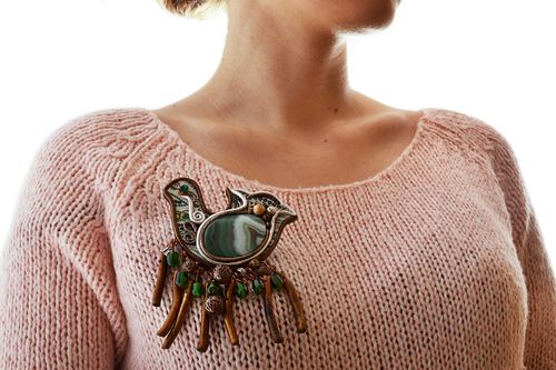 Leather handmade brooch in the form of a bird with natural stones large green accessory - MADEheart.com