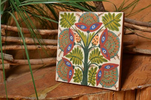 Handmade decorative square ceramic facing tile painted with engobes with flowers - MADEheart.com