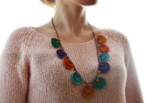 Beautiful handmade leather necklace with charms with colorful gems  - MADEheart.com
