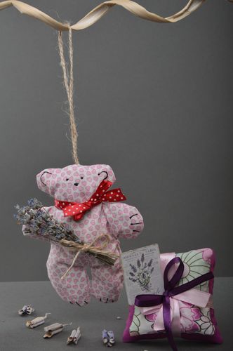 Set of handmade sachet pillows with herbs and soft fabric toy bear 3 items - MADEheart.com