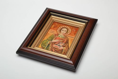 Reproduction icône religieuse avec ambre Guérisseur Pantéléïmon - MADEheart.com