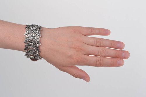 Handmade broad lacy wrist bracelet with metal elements in ethnic style for women - MADEheart.com
