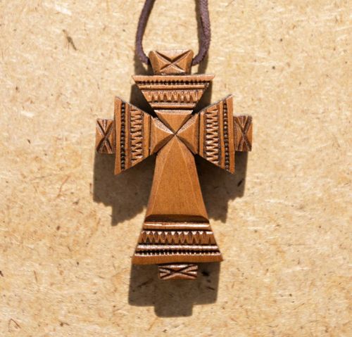 Carved cross pendant Mill on a leather cord - MADEheart.com
