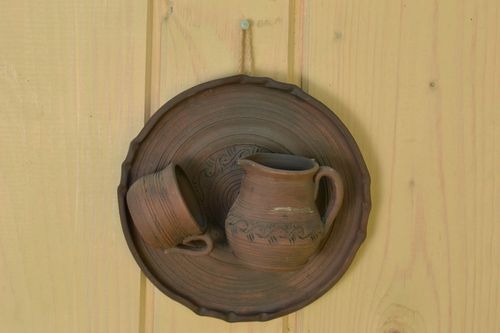 Handmade designer volume clay panel for decor ceramic wall plate Jug and Cup - MADEheart.com