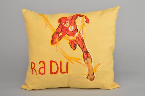 Handmade decorative throw pillow sewn of cotton yellow and red with name Radu - MADEheart.com