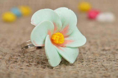 Handmade designer womens seal ring with tender blue polymer clay volume flower - MADEheart.com