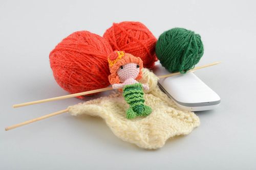 Handmade funny small colorful designer crocheted soft toy keychain Mermaid  - MADEheart.com